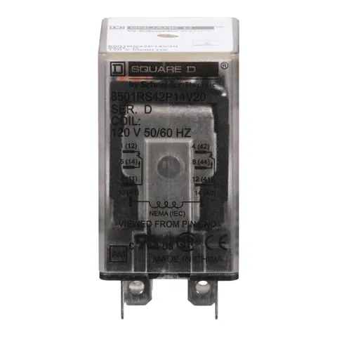 Schneider Electric 8501RS42P14V20 Plug in relay, Type R, miniature, 1 HP at 277 VAC, 15A resistive at 120 VAC, 8 blade, DPDT, 2 NO, 2 NC, 120 VAC coil — Accesorios generales