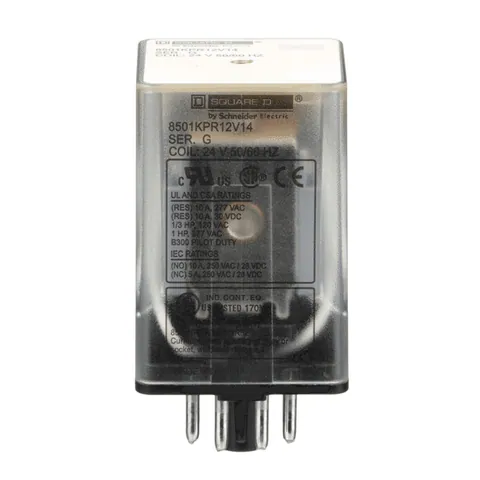 Schneider Electric 8501KPR12V14 Plug in relay, Type KP, tubular, 1 HP at 277 VAC, 10A resistive at 120 VAC, 8 pin, DPDT, 2 NO, 2 NC, 12 VAC coil — General Accessories