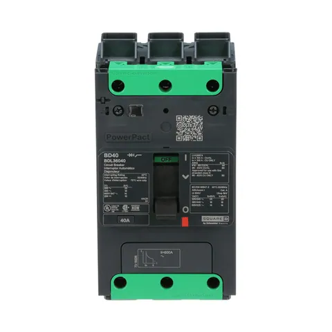 Schneider Electric BDL36040 Circuit breaker, PowerPacT B, 40A, 3 pole, 600Y/347VAC, 14kA, lugs, thermal magnetic, 80% — General Accessories