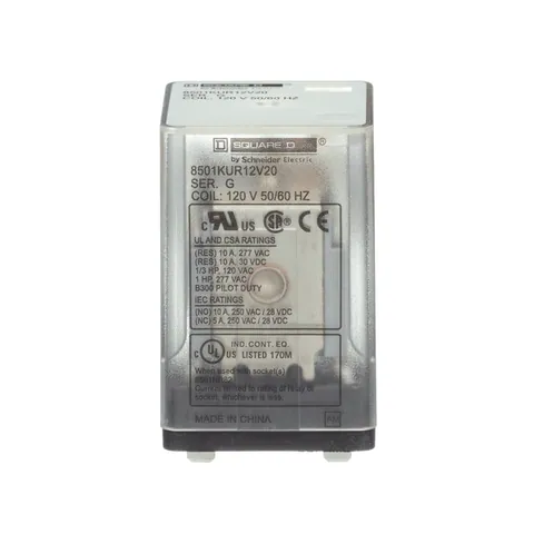 Schneider Electric 8501KUR12V20 Plug in relay, Type KU, blade, 0.5 HP at 240 VAC, 10A resistive at 120 VAC, 8 blade, DPDT, 2 NO, 2 NC, 120 VAC coil — General Accessories