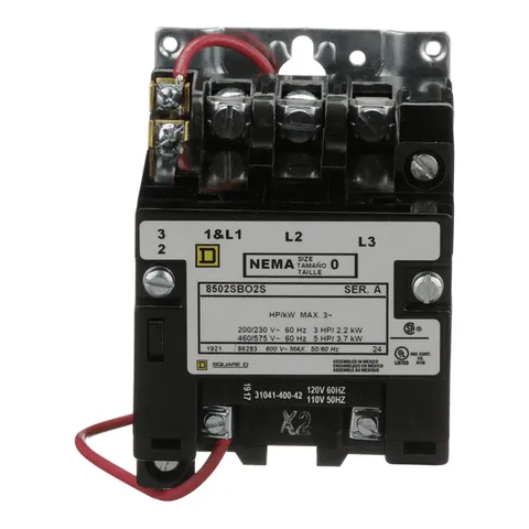 Schneider Electric 8502SBO2V02S NEMA Contactor, Type S, nonreversing, Size 0, 18A, 5HP at 575VAC, 3 phase, up to 100kA, 3 pole, 120VAC coil, open — General Accessories