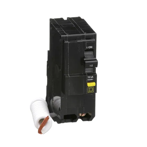 Schneider Electric QO215GFI Mini circuit breaker, QO, 15A, 2 pole, 120/240VAC, 10kA, 6mA grd fault A, pigtail, plug in mount — General Accessories