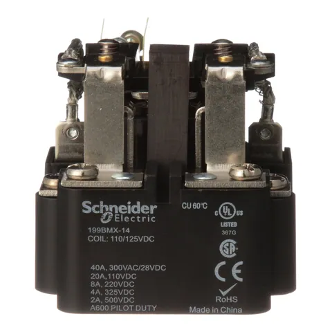 Schneider Electric 199BMX-14 Power relay, SE Relays, DPDT, 40A, 120 VDC, magnetic blowout, auxiliary switch, open type — General Accessories
