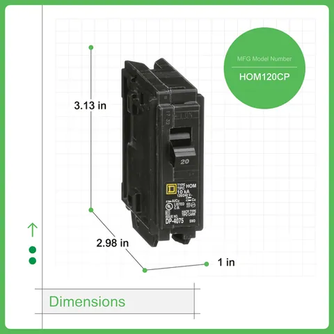 Schneider Electric HOM120 Mini circuit breaker, Homeline, 20A, 1 pole, 120/240VAC, 10kA AIR, standard type, plug in, UL — General Accessories