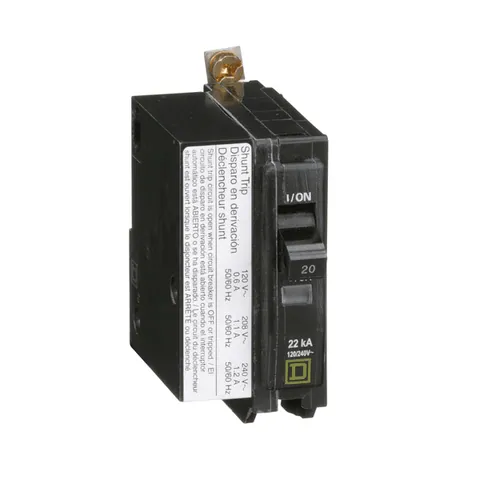 Schneider Electric QOB120VH1021 Mini circuit breaker, QO, 20A, 1 pole, 120/240VAC, 22kA, bolt on mount, AC shunt — Accesorios generales