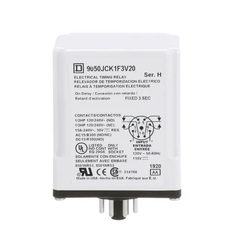 Schneider Electric 9050JCK1F3V20 Timing Relay, Type JCK, plug In, on delay, fixed time, 3 seconds, 10A, 240 VAC, 120 VAC/110 VDC — General Accessories