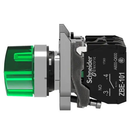 Schneider Electric XB4BK123B5 Illuminated selector switch, Harmony XB4, metal, green handle, 22mm, universal LED, 2 positions, 1NO + 1NC, 24V AC DC — Switches & Modular Apparatus