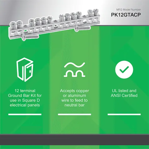 Schneider Electric PK12GTA Load center accessory, QO/Homeline, ground bar kit, 12 terminals — Circuit Breakers & Fuses