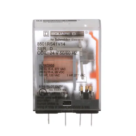Schneider Electric 8501RS41V14 Plug in relay, Type R, miniature, 1 HP at 277 VAC, 15A resistive at 120 VAC, 5 blade, SPDT, 1 NO, 1 NC, 24 VAC coil — General Accessories
