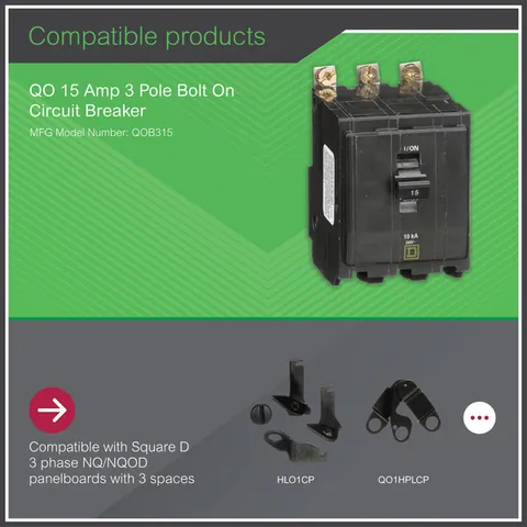 Schneider Electric QOB315 Mini circuit breaker, QO, 15A, 3 pole, 120/240VAC, 10kA, bolt on mount — Circuit Breakers & Fuses