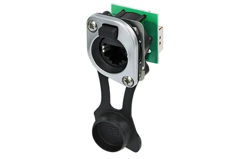 Neutrik NE8FDP-TOP RJ45 feedthrough receptacle, combined with sealing kit, D-shape metal flange with the latch lock — Connectors & Plugs