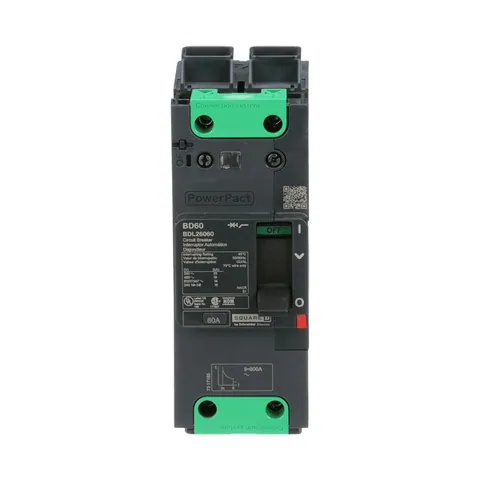 Schneider Electric BDL26060 Circuit breaker, PowerPacT B, 60A, 2 pole, 600Y/347VAC, 14kA, lugs, thermal magnetic, 80% — General Accessories