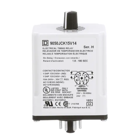 Schneider Electric 9050JCK15V14 Timing Relay, Type JCK, plug In, on delay, adjustable time, 1.8 to 180 seconds, 10A, 240 VAC, 24 VAC/DC — General Accessories