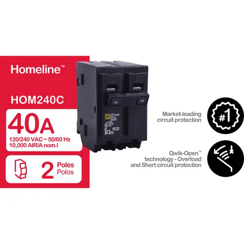 Schneider Electric HOM240 Mini circuit breaker, Homeline, 40A, 2 pole, 120/240VAC, 10kA AIR, standard type, plug in, UL — General Accessories