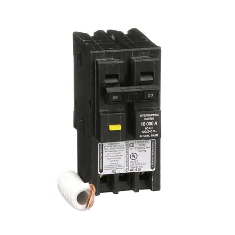 Schneider Electric HOM220GFI Mini circuit breaker, Homeline, 20A, 2 pole, 120/240VAC, 10kA AIR, ground fault class A, plug in, UL — General Accessories