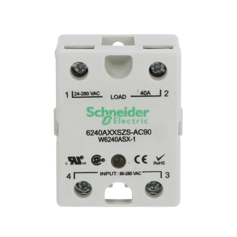 Schneider Electric 6240AXXSZS-AC90 Relay, SE Relays, solid state, SPST NO, 40A, 24…280 VAC, 90...280 VAC Uc, SCR AC zero cross, screw terminal — General Accessories