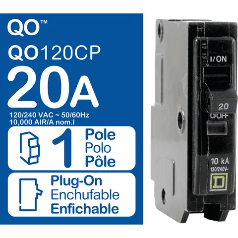 Schneider Electric QO120 Mini circuit breaker, QO, 20A, 1 pole, 120/240VAC, 10kA, plug in mount — General Accessories
