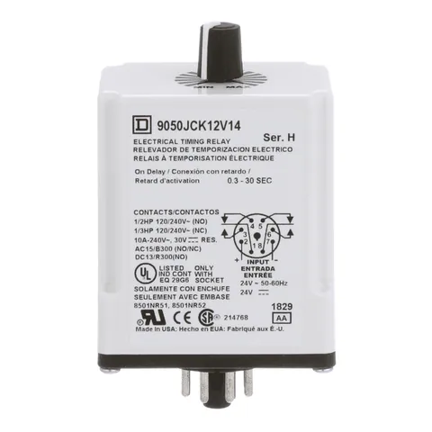 Schneider Electric 9050JCK12V14 Timing Relay, Type JCK, plug In, on delay, adjustable time, 0.3 to 30 seconds, 10A, 240 VAC, 24 VAC/DC — Control e HMI