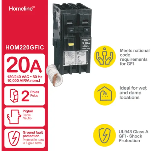 Schneider Electric HOM220GFI Mini circuit breaker, Homeline, 20A, 2 pole, 120/240VAC, 10kA AIR, ground fault class A, plug in, UL — General Accessories