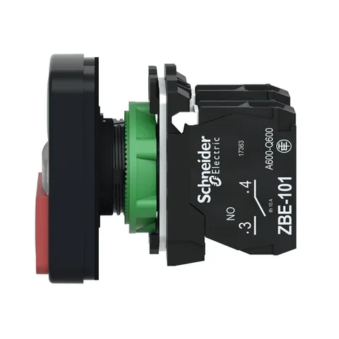 Schneider Electric XB5AW73731M5 Illuminated double headed push button, Harmony XB5, plastic, 22mm, 1 green flush I + 1 pilot light + 1 red projecting O, 240V AC DC, 1NO + 1NC — Switches & Modular Apparatus