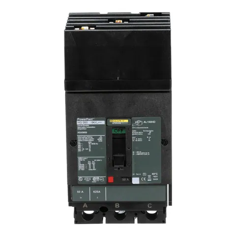 Schneider Electric HGA36050 Circuit breaker, PowerPacT H, 50A, 3 pole, 600VAC, 18kA, I-Line, thermal magnetic, 80%, ABC — Interruttori automatici e fusibili
