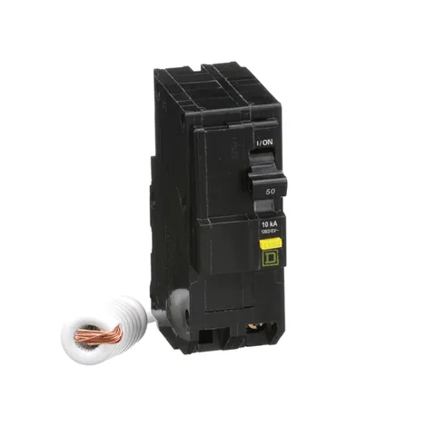 Schneider Electric QO250GFI Mini circuit breaker, QO, 50A, 2 pole, 120/240VAC, 10kA, 6mA grd fault A, pigtail, plug in mount — General Accessories