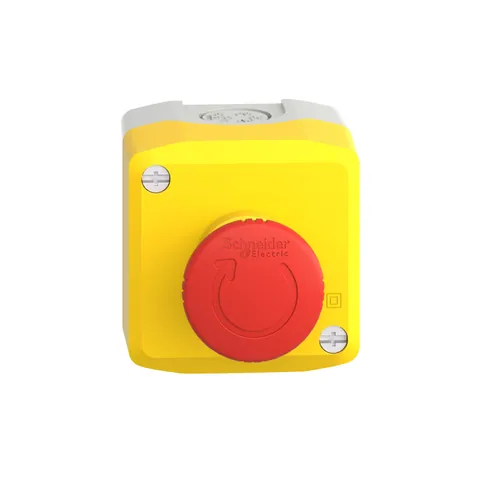Schneider Electric XALK178E Control station, Harmony XALD, XALK, plastic, yellow, 1 red mushroom head push button 40mm, emergency stop turn to release, 1NO + 1 NC, unmarked — Schalter & modulare Geräte