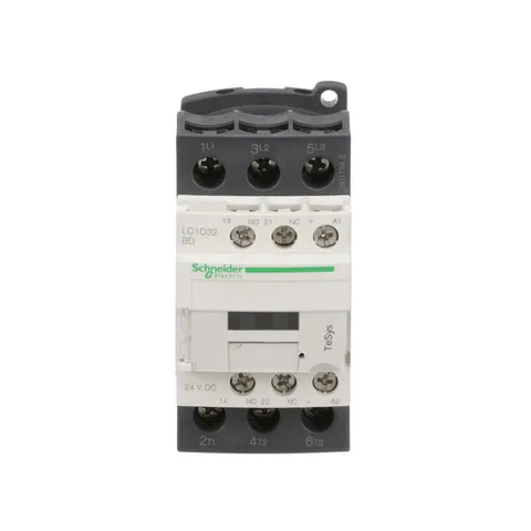 Schneider Electric LC1D32BD IEC contactor, TeSys Deca, nonreversing, 32A, 20HP at 480VAC, up to 100kA SCCR, 3 phase, 3 NO, 24VDC coil, open style — Contactores y relés