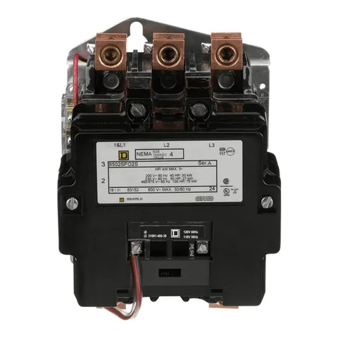 Schneider Electric 8502SFO2V02S NEMA Contactor, Type S, nonreversing, Size 4, 135A, 100 HP at 575 VAC, 3 phase, up to 100 kA, 3 pole, 120 VAC coil, open — General Accessories