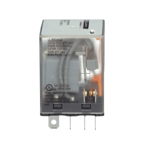 Schneider Electric 8501RS43V20 Plug in relay, Type R, miniature, 1 HP at 277 VAC, 15A resistive at 120 VAC, 11 blade, 3PDT, 3 NO, 3 NC, 120 VAC coil — General Accessories