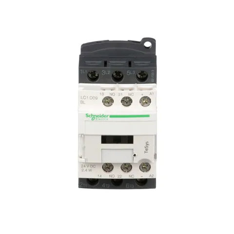 Schneider Electric LC1D09BL IEC contactor, TeSys Deca, nonreversing, 9A, 5HP at 480VAC, up to 100kA SCCR, 3 phase, 3 NO, low consumption 24VDC coil — Contactors & Relays