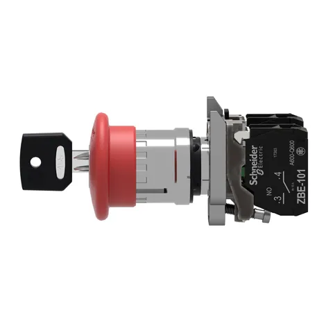 Schneider Electric XB4BS9445 Emergency stop push button, Harmony XB4, metal, red mushroom, 40mm, 22mm, trigger latching key release, 1NO+1NC — Interruptores y aparamenta modular