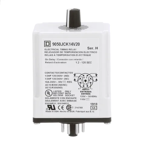 Schneider Electric 9050JCK14V20 Timing Relay, Type JCK, plug In, on delay, adjustable time, 1.2 to 120 seconds, 10A, 240 VAC, 120 VAC/110 VDC — Accesorios generales