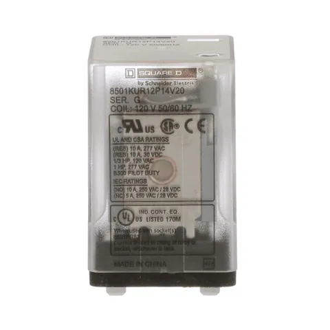 Schneider Electric 8501KUR12P14V20 Plug in relay, Type KU, blade, 0.5 HP at 240 VAC, 10A resistive at 120 VAC, 8 blade, DPDT, 2 NO, 2 NC, 120 VAC coil — General Accessories