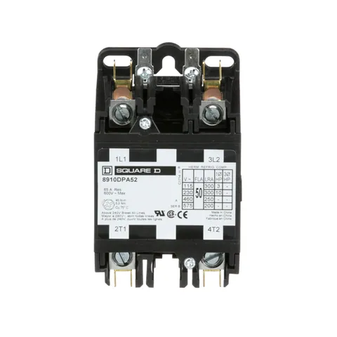 Schneider Electric 8910DPA52V02 Contactor, Definite Purpose, 50A, 2 pole, 10HP at 230VAC, 1 phase, 110/120VAC 50/60Hz coil, open — General Accessories