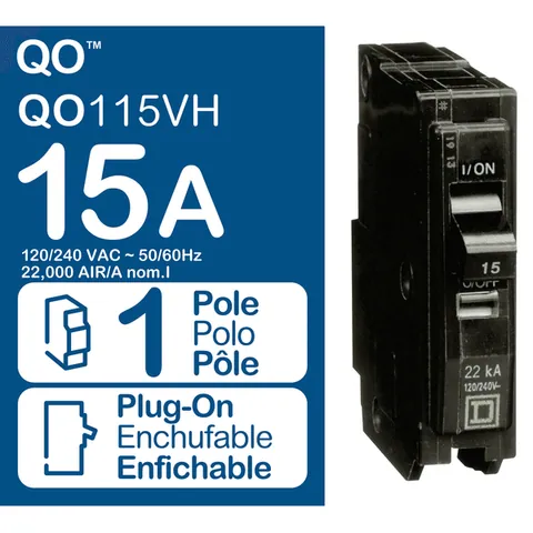 Schneider Electric QO115VH Mini circuit breaker, QO, 15A, 1 pole, 120/240VAC, 22kA, plug in mount — Accessori generali