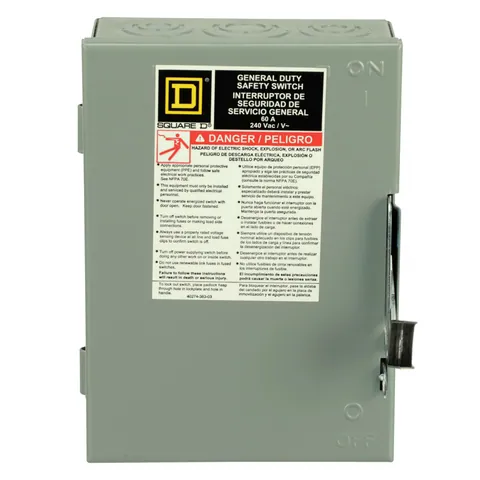 Schneider Electric DU322 Safety switch, general duty, non fusible, 60A, 3 pole, 15hp, 240VAC, NEMA 1 — General Accessories