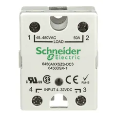 Schneider Electric 6450AXXSZS-DC3 Relay, SE Relays, solid state, SPST NO, 50A, 48…530 VAC, 3...32 VDC Uc, SCR AC zero cross, screw terminal — General Accessories