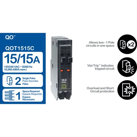Schneider Electric QOT1515 Tandem mini circuit breaker, QO, 2 x 1 pole at 15A, 120/240VAC, 10kA, plug in mount — General Accessories
