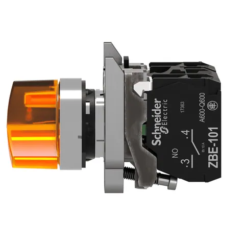 Schneider Electric XB4BK125B5 Illuminated selector switch, Harmony XB4, metal, orange handle, 22mm, universal LED, 2 positions, 1NO + 1NC, 24V AC DC — Switches & Modular Apparatus
