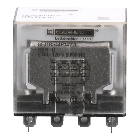 Schneider Electric 8501RS44P14V20 Plug in relay, Type R, miniature, 1 HP at 277 VAC, 15A resistive at 120 VAC, 14 blade, 4PDT, 4 NO, 4 NC, 120 VAC coil — General Accessories