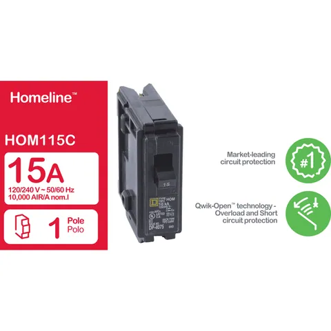 Schneider Electric HOM115CAFI Mini circuit breaker, Homeline, 15A, 1 pole, 120VAC, 10kA AIR, combo arc fault, pigtail neutral, plug in, UL — Accessori generali