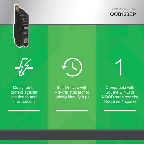 Schneider Electric QOB120 Mini circuit breaker, QO, 20A, 1 pole, 120/240VAC, 10kA, bolt on mount — Circuit Breakers & Fuses