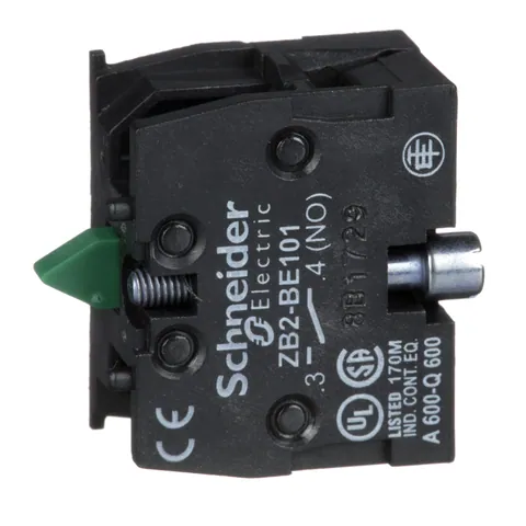 Schneider Electric ZB2BE101 Harmony, 22mm Push Button, add on contact block, 1 NO, screw clamp terminal — Switches & Modular Apparatus