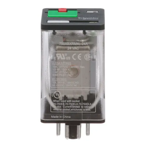 Schneider Electric 750XBXRM4L-24A General purpose relay, SE Relays, 750R, DPDT, 10A, 24 VAC, octal terminal 8 pins, clear cover with LED, lock push button — Akcesoria ogólne