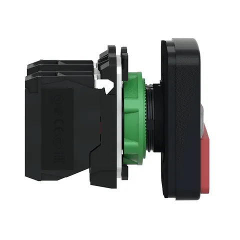 Schneider Electric XB5AW73731M5 Illuminated double headed push button, Harmony XB5, plastic, 22mm, 1 green flush I + 1 pilot light + 1 red projecting O, 240V AC DC, 1NO + 1NC — Switches & Modular Apparatus