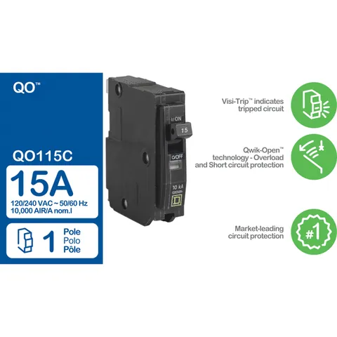 Schneider Electric QO115 Mini circuit breaker, QO, 15A, 1 pole, 120/240VAC, 10kA, plug in mount — Circuit Breakers & Fuses