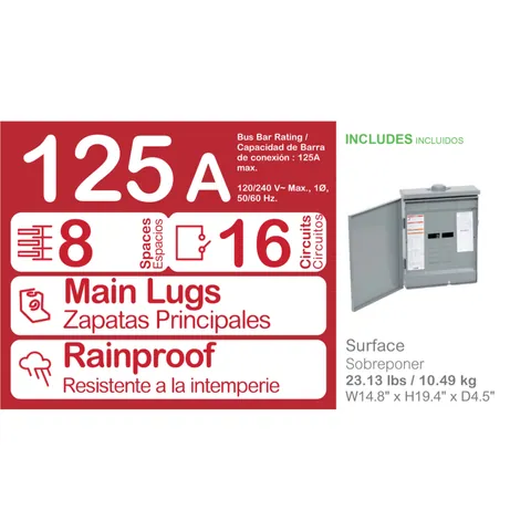 Schneider Electric HOM816L125PRB Load center, Homeline, 1 phase, 8 spaces, 16 circuits, 125A convertible main lugs, PoN, NEMA3R — General Accessories