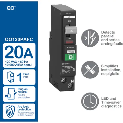 Schneider Electric QO120PAF Mini circuit breaker, QO, 20A, 1 pole, 120VAC, 10kA, combo arc fault, plug on neutral, plug in mount, UL listed — Accesorios generales
