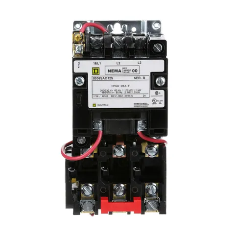 Schneider Electric 8536SAO12V01S NEMA Motor Starter, Type S, nonreversing, Size 00, 9A, 2 HP at 460 VAC, 5 kA SCCR, 3 phase, 3 pole, melting alloy, 24 VAC coil, open — General Accessories